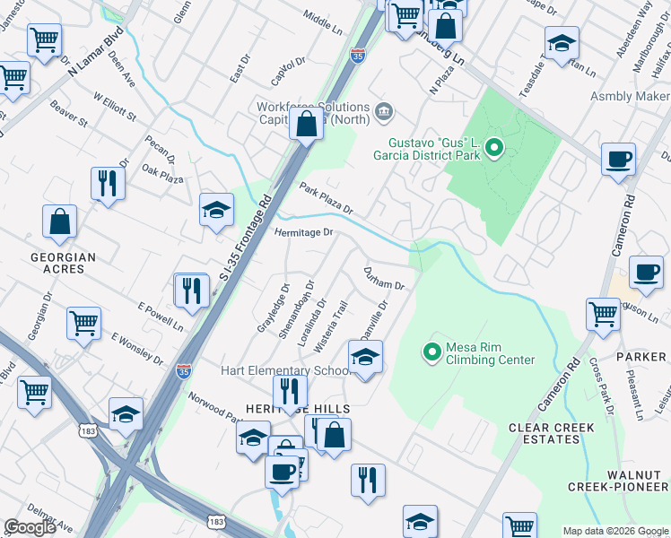 map of restaurants, bars, coffee shops, grocery stores, and more near 8513 Shenandoah Drive in Austin