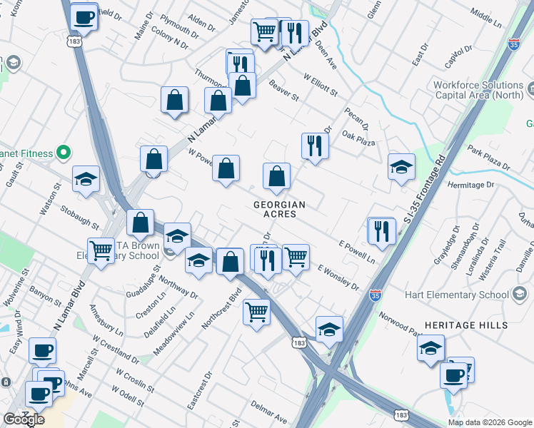 map of restaurants, bars, coffee shops, grocery stores, and more near 100 West Powell Lane in Austin