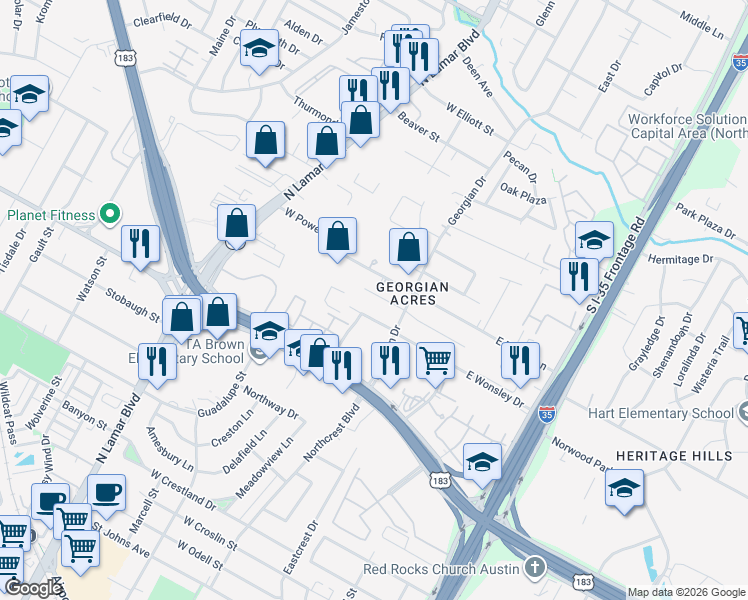 map of restaurants, bars, coffee shops, grocery stores, and more near 212 West Lola Drive in Austin