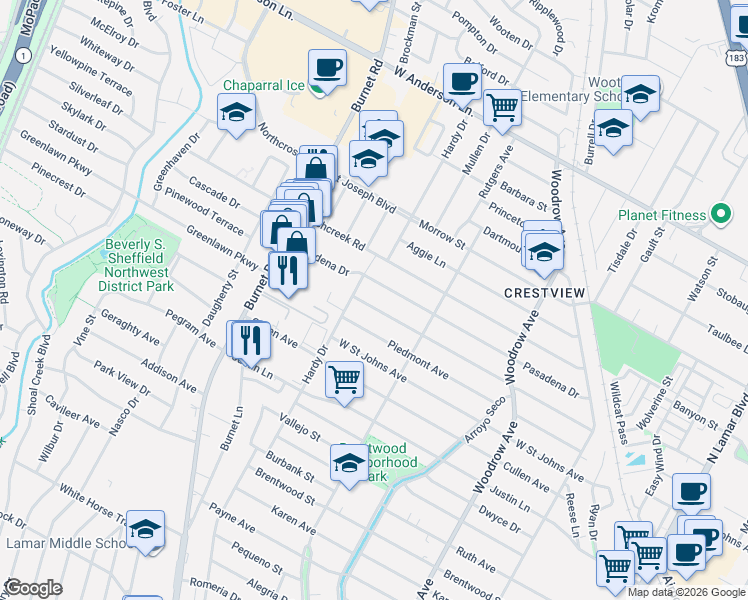 map of restaurants, bars, coffee shops, grocery stores, and more near 1914 Pasadena Drive in Austin