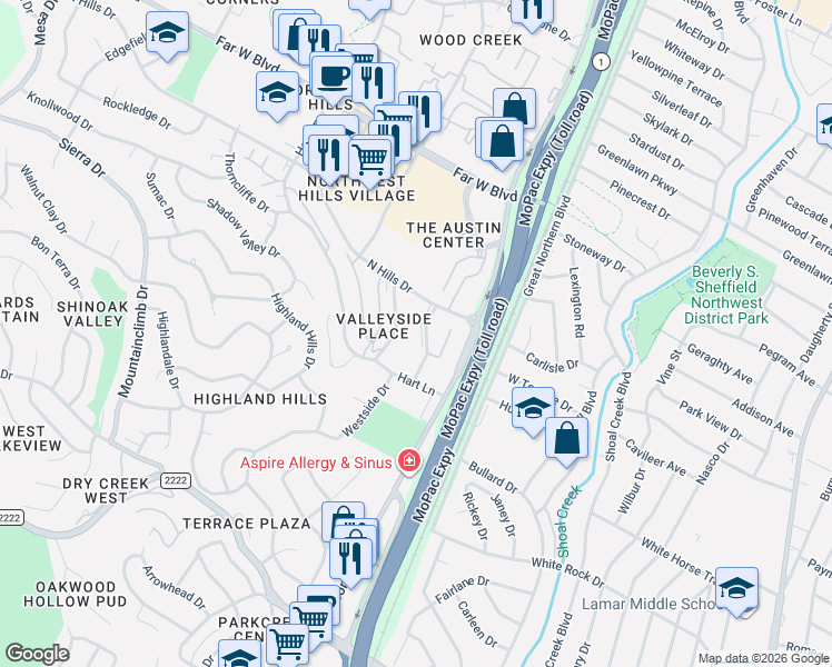 map of restaurants, bars, coffee shops, grocery stores, and more near 6619 Valleyside Road in Austin