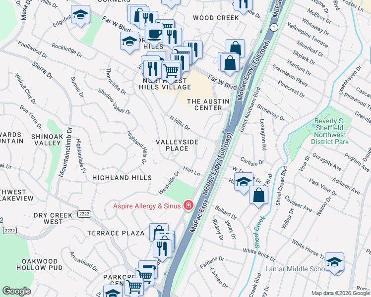 map of restaurants, bars, coffee shops, grocery stores, and more near 6619 Valleyside Road in Austin