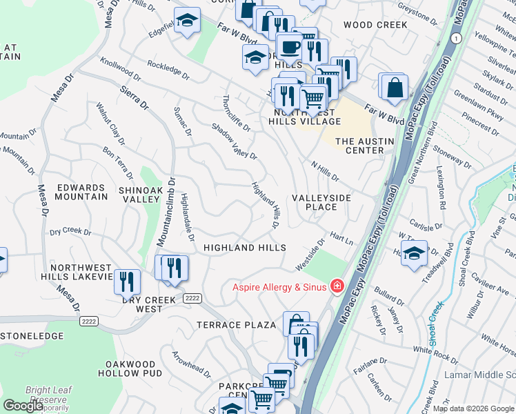 map of restaurants, bars, coffee shops, grocery stores, and more near 6001 Highland Hills Dr in Austin