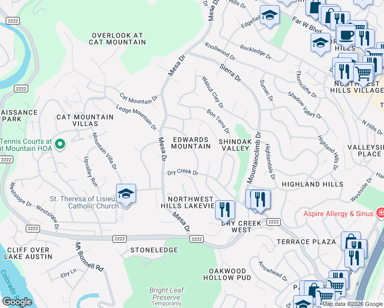 map of restaurants, bars, coffee shops, grocery stores, and more near 4105 Firstview Drive in Austin