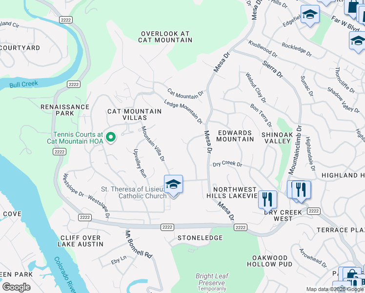 map of restaurants, bars, coffee shops, grocery stores, and more near 4204 Lonesome Valley Court in Austin