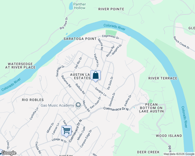 map of restaurants, bars, coffee shops, grocery stores, and more near 9800 San Luis Trail in Austin