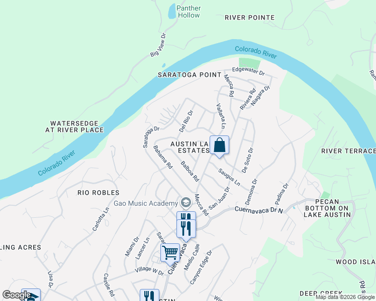 map of restaurants, bars, coffee shops, grocery stores, and more near 2402 De Soto Drive in Austin