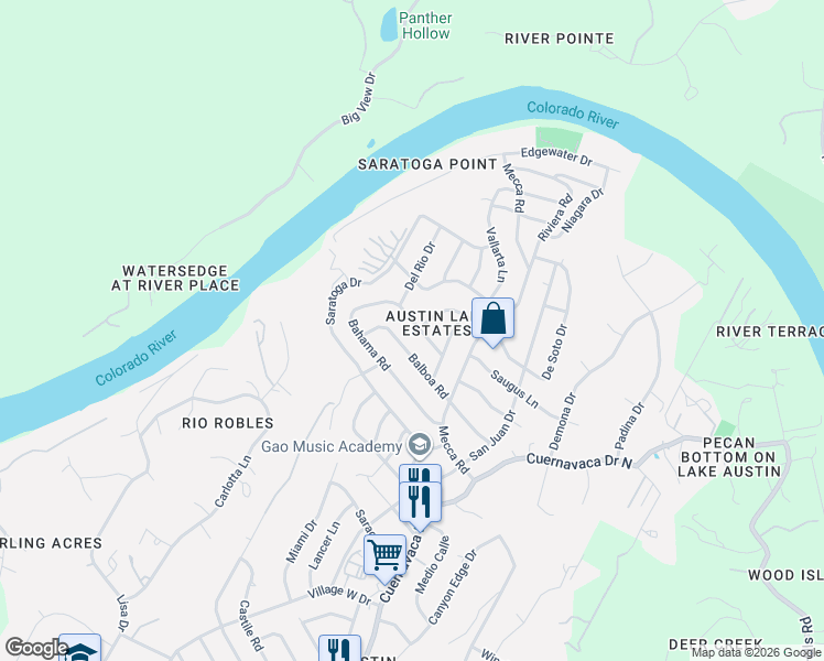 map of restaurants, bars, coffee shops, grocery stores, and more near 2402 De Soto Drive in Austin
