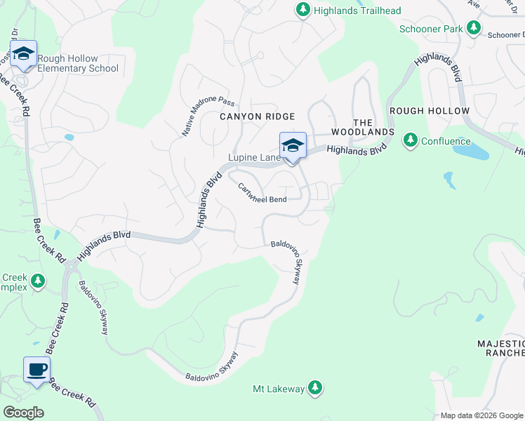 map of restaurants, bars, coffee shops, grocery stores, and more near 129 Cartwheel Bend in Spicewood