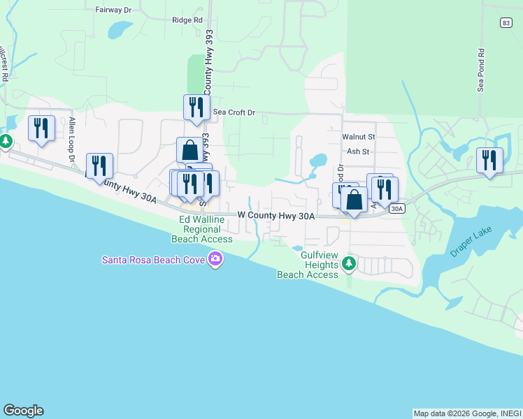 map of restaurants, bars, coffee shops, grocery stores, and more near 71 North Spooky Lane in Santa Rosa Beach