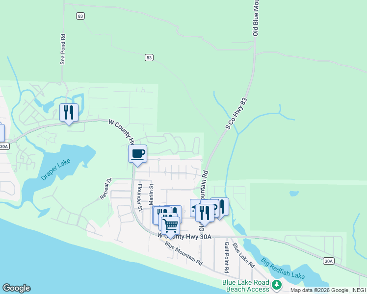 map of restaurants, bars, coffee shops, grocery stores, and more near 51 Emerald Beach Way in Santa Rosa Beach