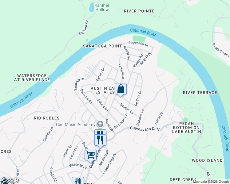 map of restaurants, bars, coffee shops, grocery stores, and more near 2502 Mecca Road in Austin