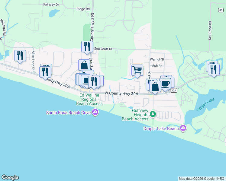 map of restaurants, bars, coffee shops, grocery stores, and more near 46 Brentwood Lane in Santa Rosa Beach