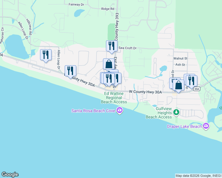 map of restaurants, bars, coffee shops, grocery stores, and more near 7 Laura Hamilton Boulevard in Santa Rosa Beach