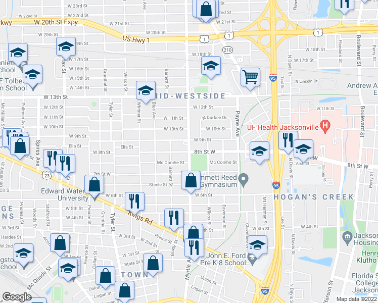 map of restaurants, bars, coffee shops, grocery stores, and more near W 8th St & Myrtle Ave N in Jacksonville