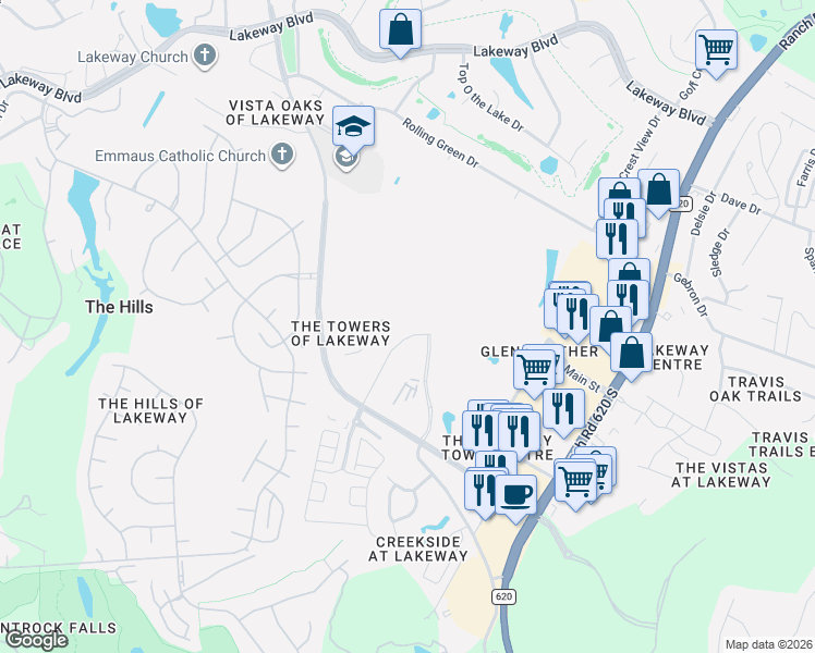 map of restaurants, bars, coffee shops, grocery stores, and more near 1917 Lohmans Crossing Road in Austin