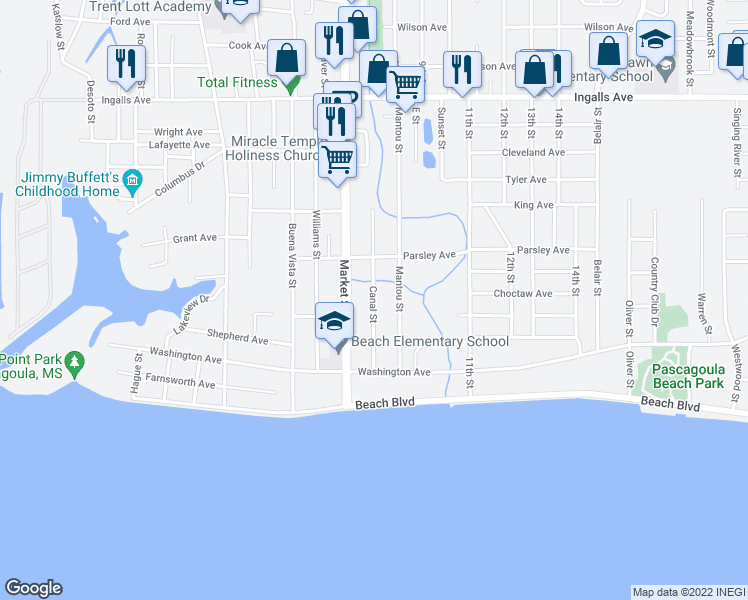 map of restaurants, bars, coffee shops, grocery stores, and more near 1003 Mantou Street in Pascagoula