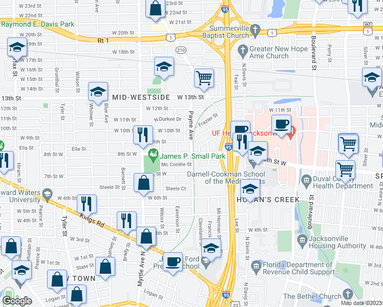 map of restaurants, bars, coffee shops, grocery stores, and more near W 8th St & Payne Ave in Jacksonville