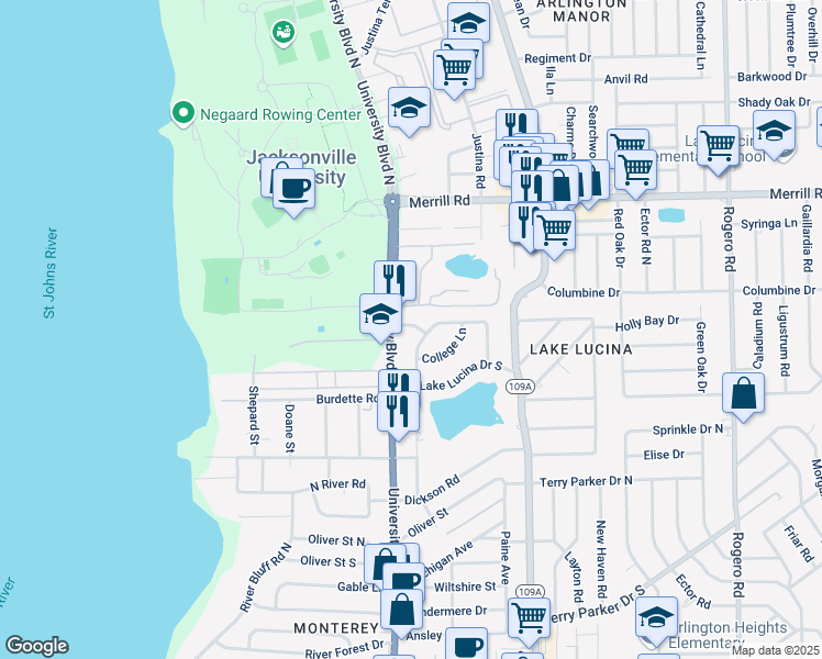 map of restaurants, bars, coffee shops, grocery stores, and more near 5634 Liddell Lane in Jacksonville