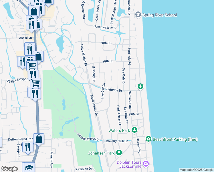map of restaurants, bars, coffee shops, grocery stores, and more near 1820 Live Oak Lane in Atlantic Beach