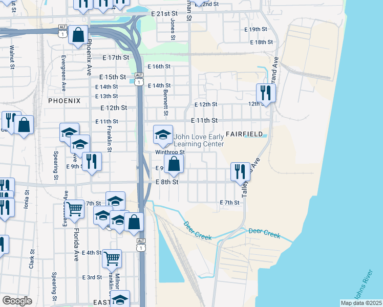 map of restaurants, bars, coffee shops, grocery stores, and more near 1983 Lambert Street in Jacksonville
