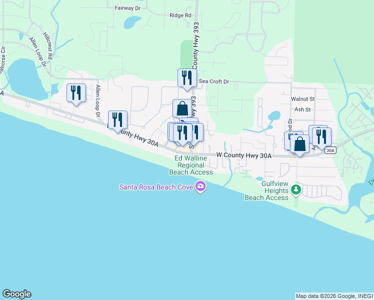 map of restaurants, bars, coffee shops, grocery stores, and more near 7 Laura Hamilton Boulevard in Santa Rosa Beach