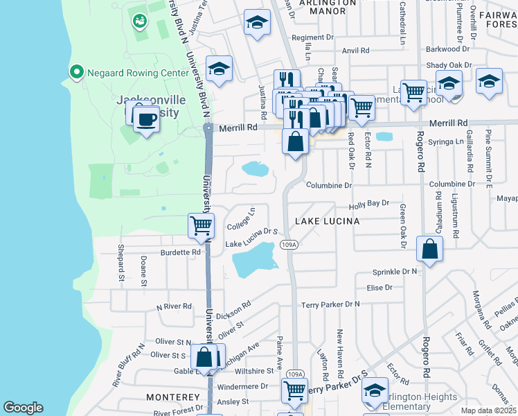 map of restaurants, bars, coffee shops, grocery stores, and more near 5758 Lake Lucina Drive North in Jacksonville