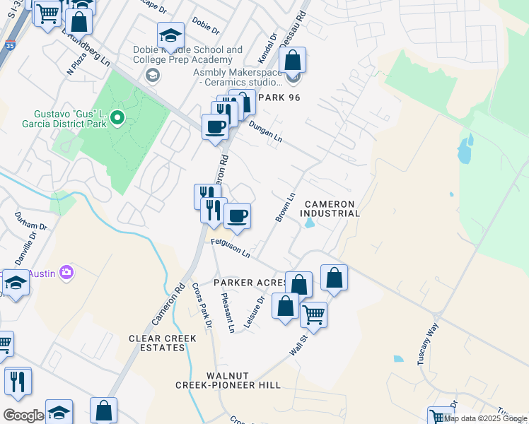 map of restaurants, bars, coffee shops, grocery stores, and more near 9100 Brown Lane in Austin