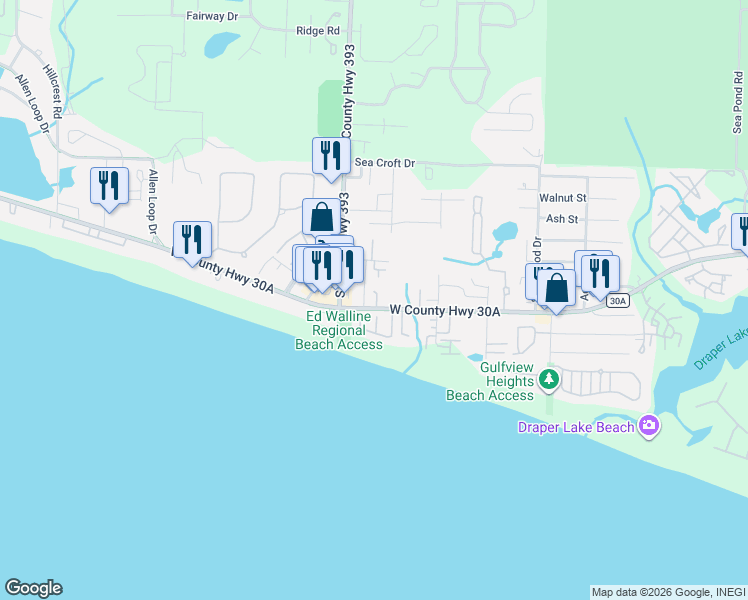 map of restaurants, bars, coffee shops, grocery stores, and more near 70 Leisure Lane in Santa Rosa Beach