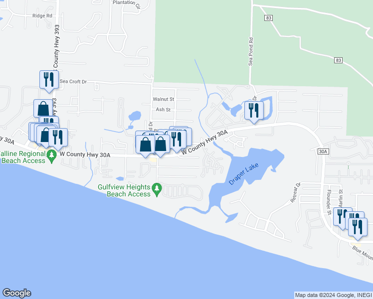 map of restaurants, bars, coffee shops, grocery stores, and more near 189 Maple Street in Santa Rosa Beach