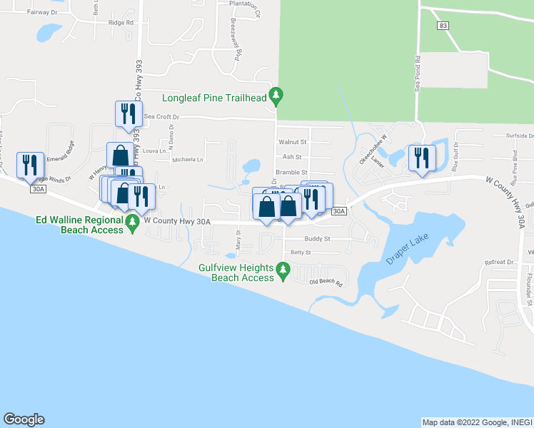 map of restaurants, bars, coffee shops, grocery stores, and more near 15 Maple Street in Santa Rosa Beach
