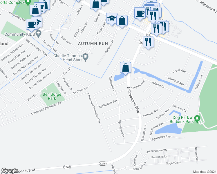 map of restaurants, bars, coffee shops, grocery stores, and more near 10343 Springbrook Avenue in Baton Rouge