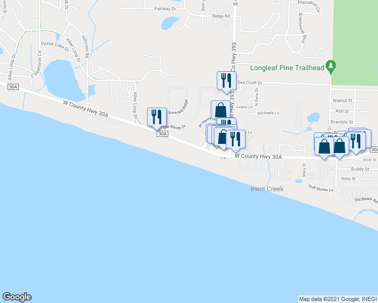 map of restaurants, bars, coffee shops, grocery stores, and more near 4603 County Road 30A in Santa Rosa Beach