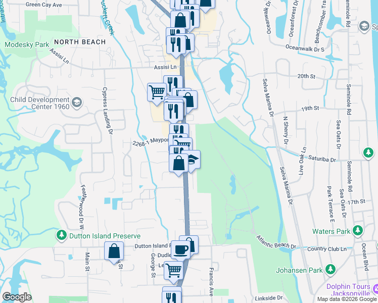 map of restaurants, bars, coffee shops, grocery stores, and more near 2251 Fairway Villas Lane North in Atlantic Beach