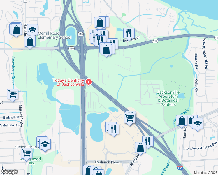 map of restaurants, bars, coffee shops, grocery stores, and more near 2607 Caroline Hills Drive in Jacksonville