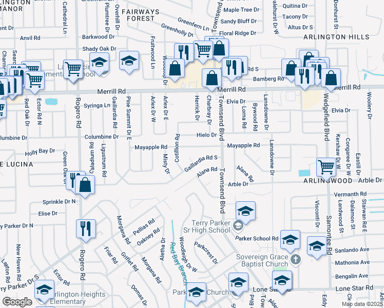 map of restaurants, bars, coffee shops, grocery stores, and more near 7025 May Apple Road in Jacksonville