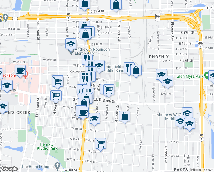 map of restaurants, bars, coffee shops, grocery stores, and more near 138 East 10th Street in Jacksonville