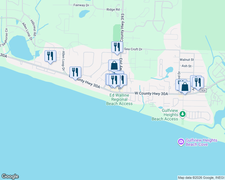 map of restaurants, bars, coffee shops, grocery stores, and more near 7 Laura Hamilton Boulevard in Santa Rosa Beach