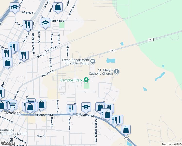 map of restaurants, bars, coffee shops, grocery stores, and more near 302 Campbell Street in Cleveland