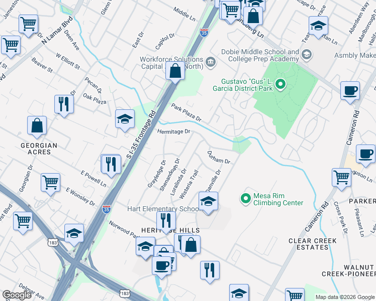 map of restaurants, bars, coffee shops, grocery stores, and more near 8513 Shenandoah Drive in Austin