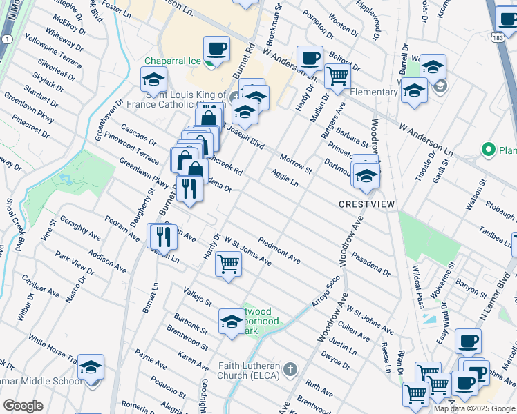 map of restaurants, bars, coffee shops, grocery stores, and more near 1914 Pasadena Drive in Austin