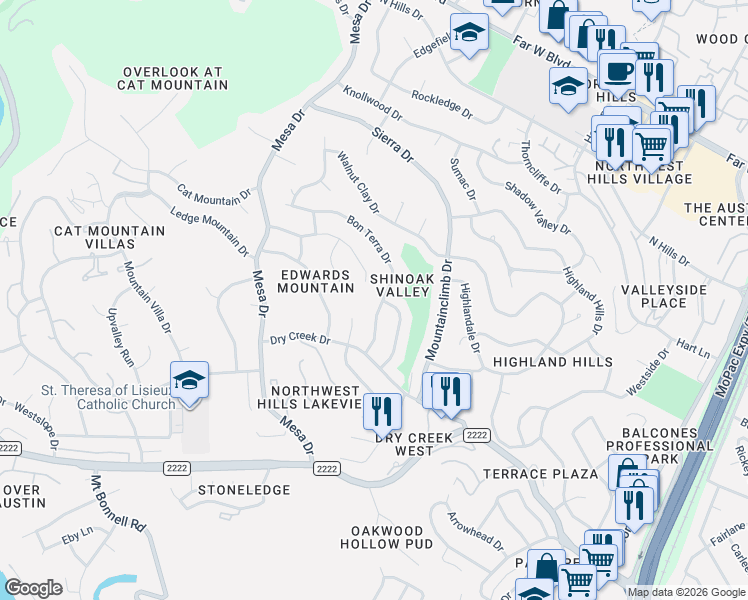 map of restaurants, bars, coffee shops, grocery stores, and more near 3804 Edwards Mountain Drive in Austin