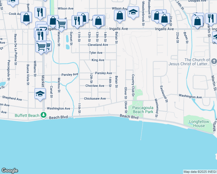 map of restaurants, bars, coffee shops, grocery stores, and more near 2402 Seneca Avenue in Pascagoula