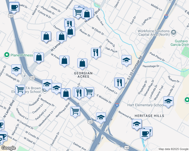 map of restaurants, bars, coffee shops, grocery stores, and more near 207 White Oak Drive in Austin