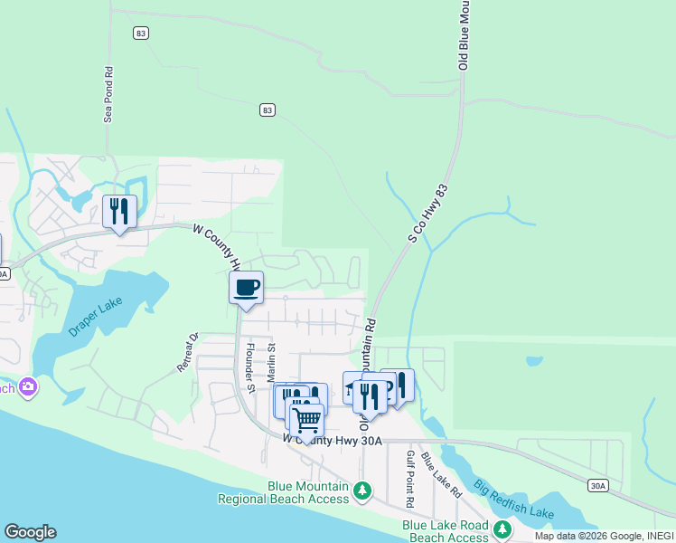 map of restaurants, bars, coffee shops, grocery stores, and more near 51 Emerald Beach Way in Santa Rosa Beach