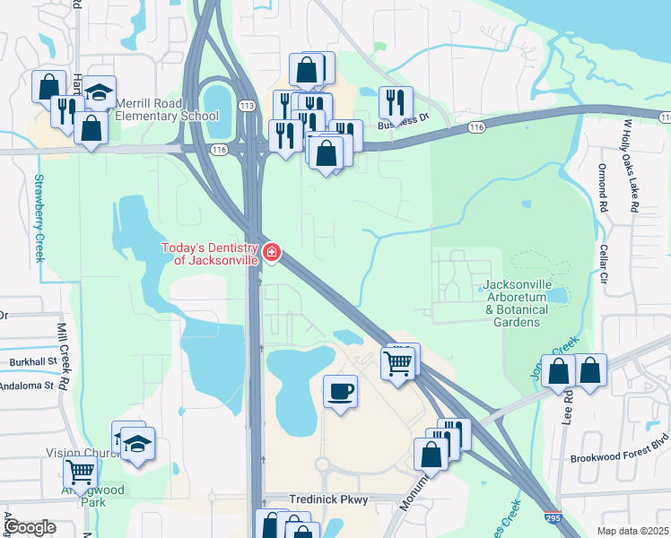 map of restaurants, bars, coffee shops, grocery stores, and more near 2607 Caroline Hills Drive in Jacksonville