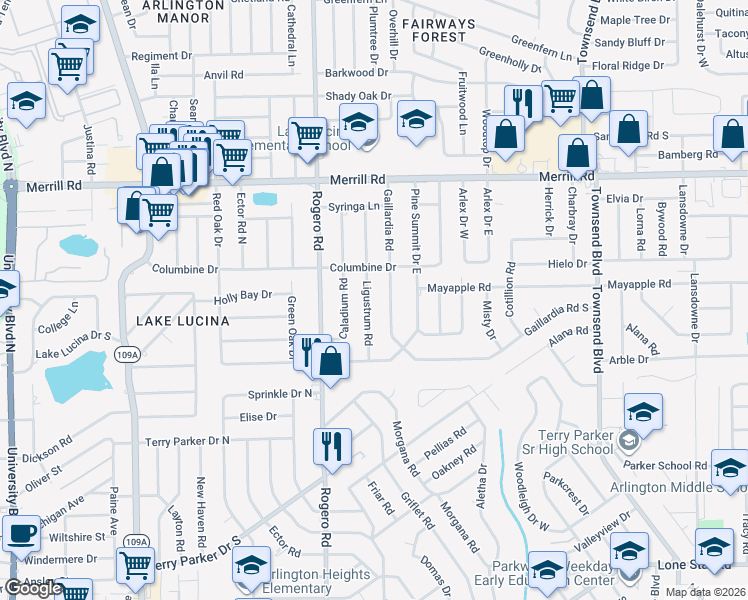 map of restaurants, bars, coffee shops, grocery stores, and more near 2434 Gaillardia Road in Jacksonville