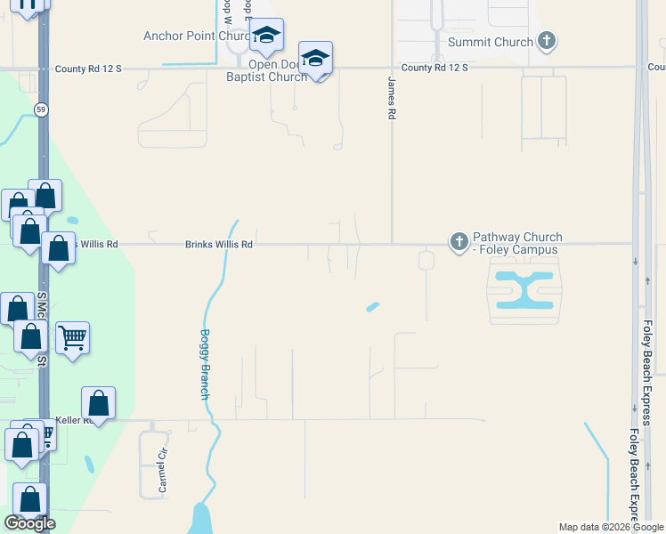 map of restaurants, bars, coffee shops, grocery stores, and more near 20800 Brinks Willis Road in Foley