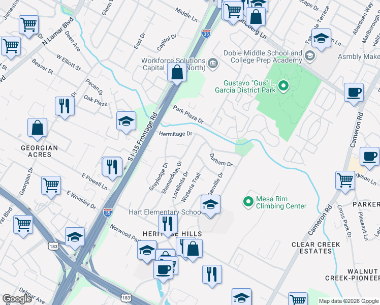 map of restaurants, bars, coffee shops, grocery stores, and more near 8513 Shenandoah Drive in Austin
