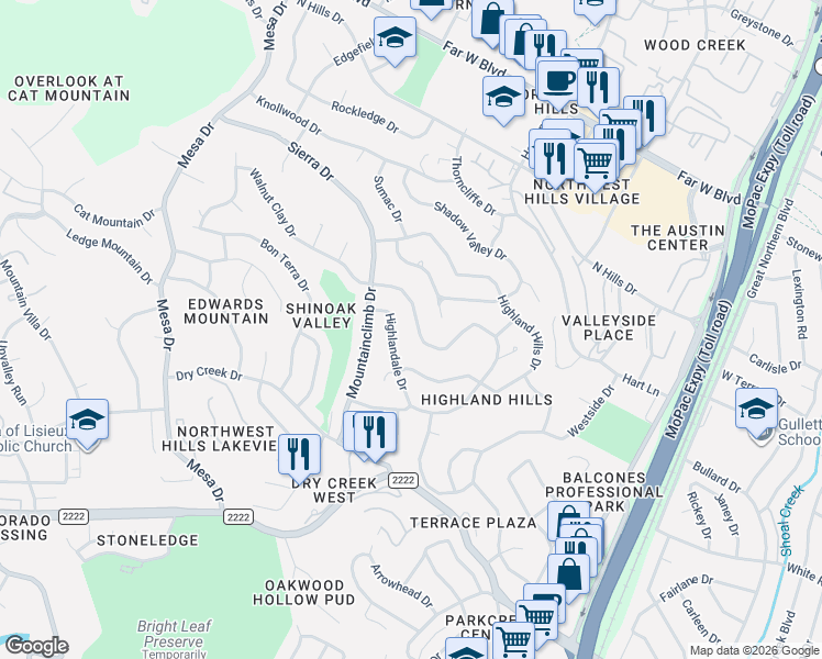 map of restaurants, bars, coffee shops, grocery stores, and more near 3707 Laurel Ledge Lane in Austin